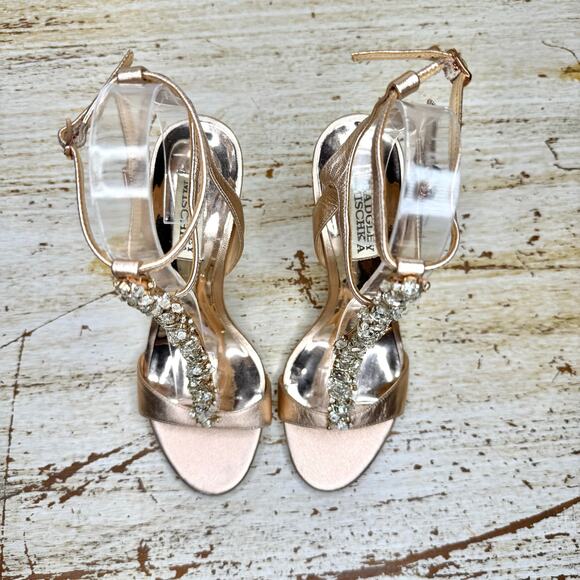 Badgley Mischka Gold Leather Rhinestone Embellished Strappy Pumps 6 - Picture 5 of 11